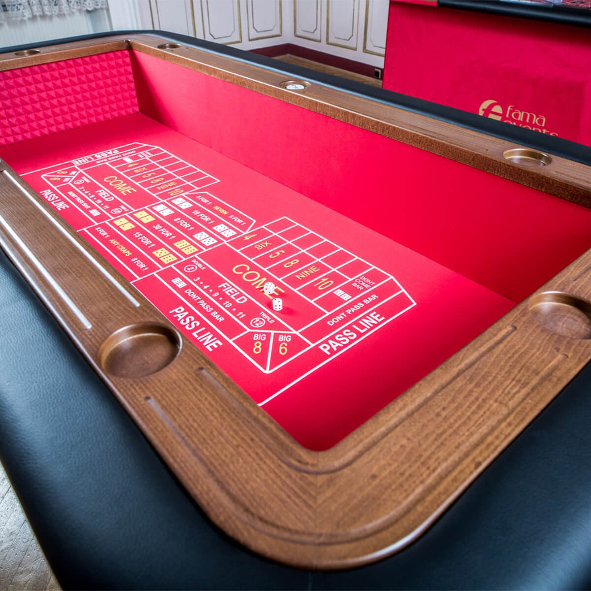 Craps Table – Wood-Finished, Standard Felt, Velvet-Clad Legs